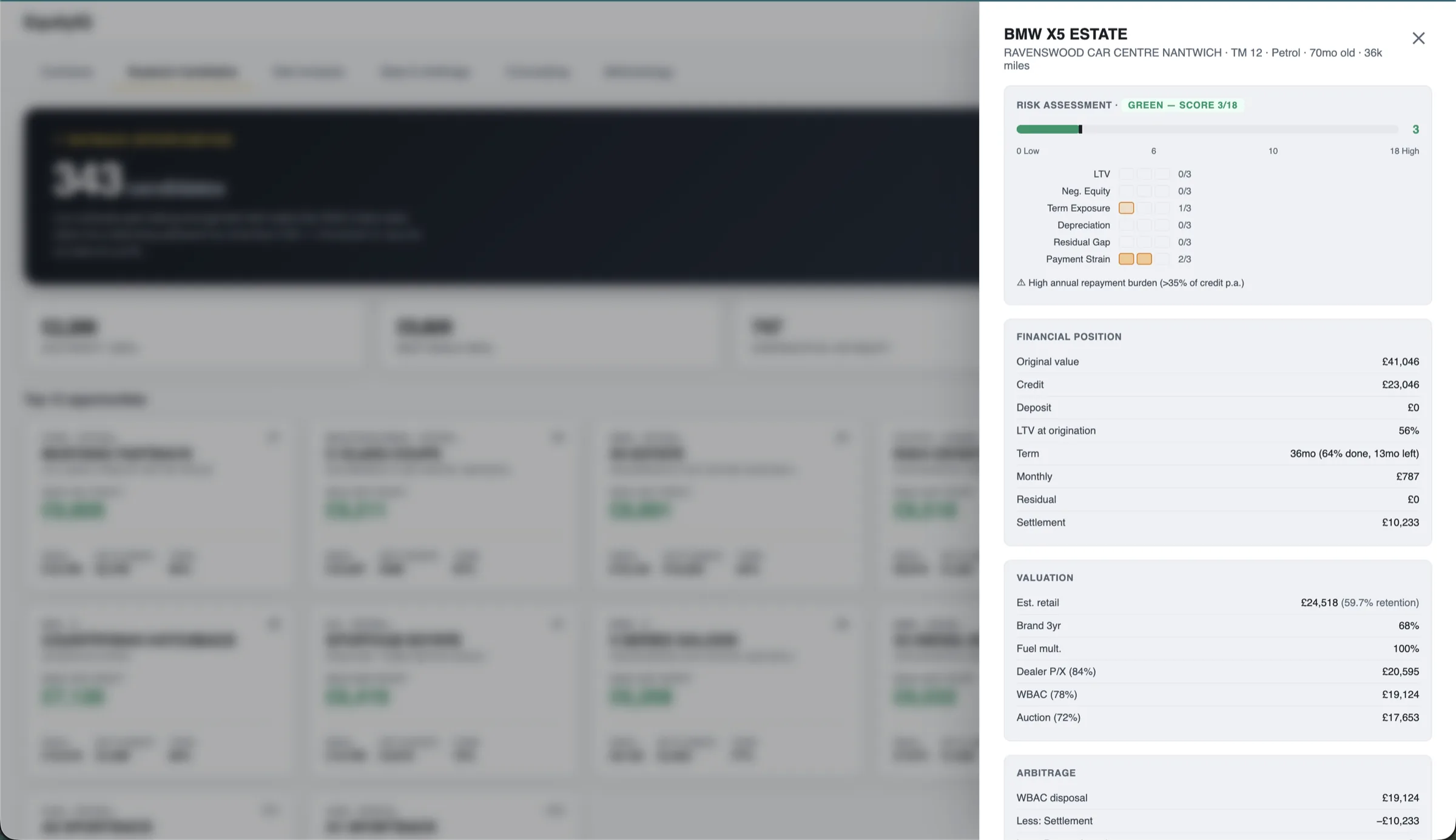 EquityIQ deal detail — six-factor risk gauge, financial position, valuation tiers and buyback arbitrage for a single contract